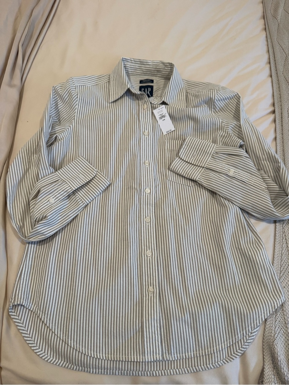 GAP woman’s Vertical Stripe Dress Shirt in Tan and White